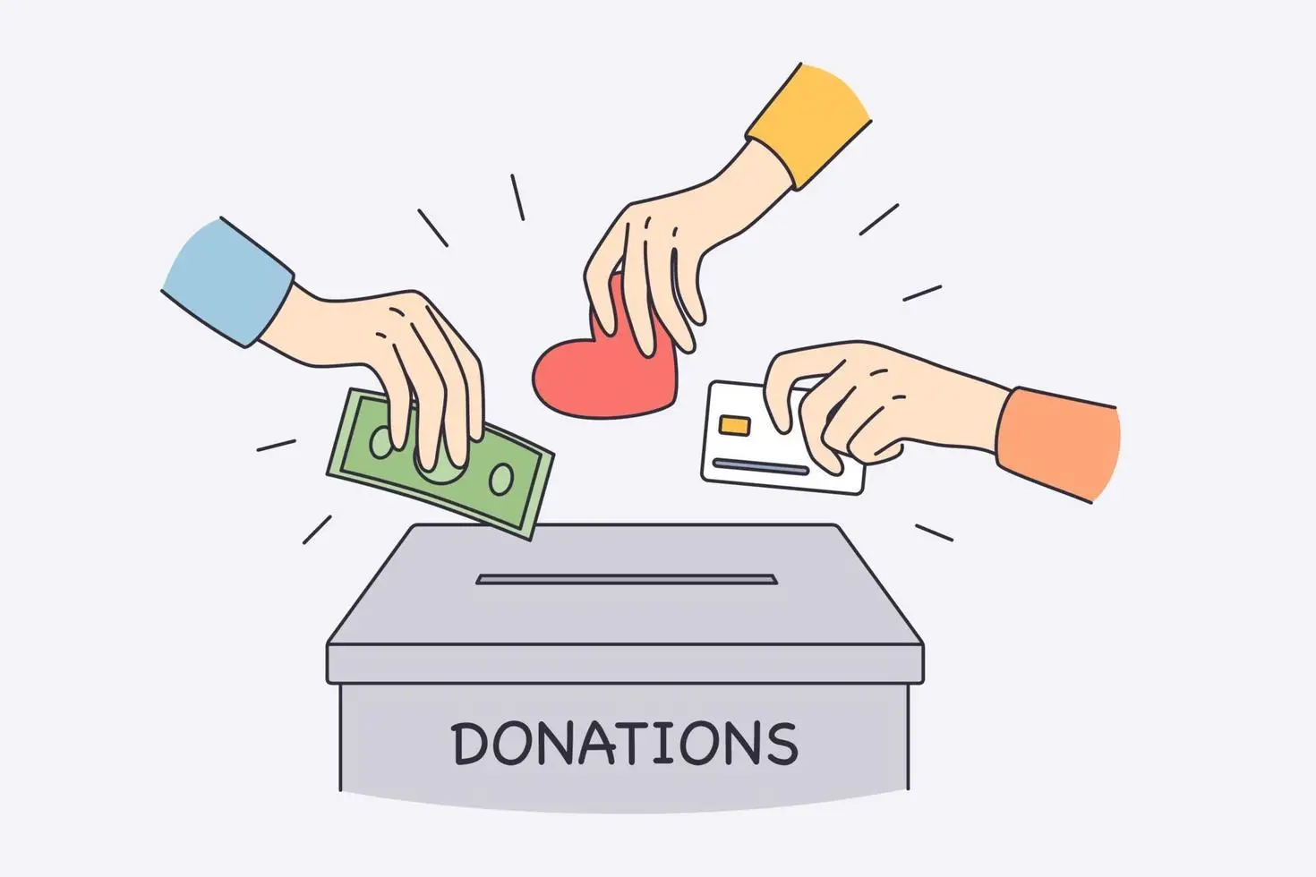 donation-box-and-charity-concept-human-hands-putting-money-cash-love-and-heart-to-donation-box-together-helping-doing-charity-illustration-free-vector